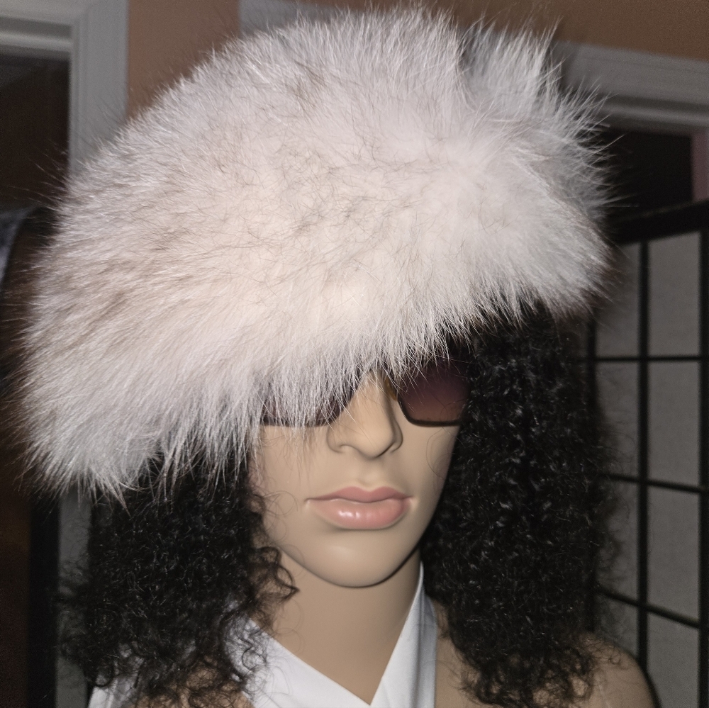 Black Leather Hat with Fox Fur Trim, NWT